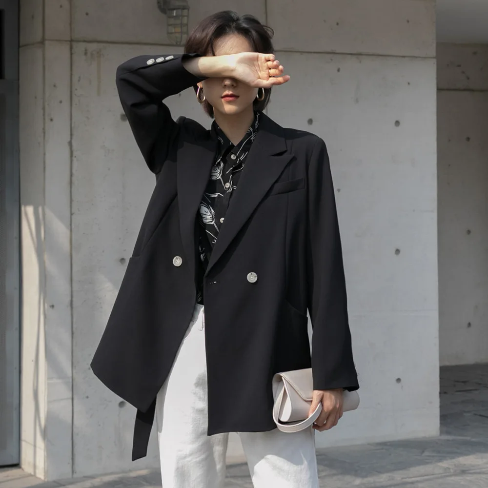 

Mid-length Suit 2020 Korean-style Spring New Style Simple Hong Kong Flavor Diagonal Pocket Long Sleeve Lace-up Coat Women's W202