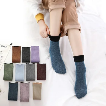

Shiny Silver Wire Winter Women Socks Fashion Thick Plush Warm calcetines Women Girls Home Floor Sleeping Socks
