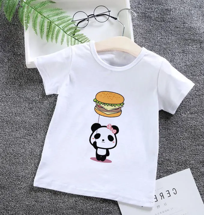 Funny Panda Summer Fashion Kids Tops Cute Unicorn Girls Shorts Sleeve Round Roll Kawa Simple White Collar Boys Shirt | Мать и ребенок