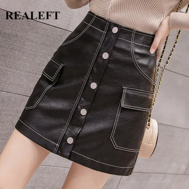 REALEFT Autumn Winter Button OL Pencil A-Line Mini Skirts High Waist Black PU Leather Sexy Wrap Skirts Pocket Female New