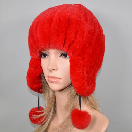 red Толстый очень теплый Настоящий мех кролика шапочки шапки для женщин Настоящий мех кролика Skullies шапка Эластичный вязаный натуральный шапки из меха кролика рекс - Цвет: red