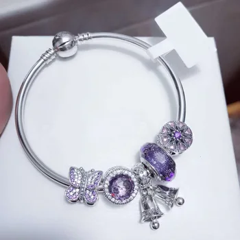 

high quality 1:1 100% 925 silver sterling purple pearl freight bell bracelet free