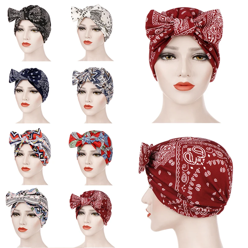 

Women Sportswear New Style Printed Cap Activity Bow Paisley Muslim Toque India Turban Hat Suitable For Sports Headband Female