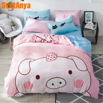 

2019 Cute Pink Pig Cartoon Print Cotton Duvet Cover Set Twin Full Queen Bedding Set Flat Sheet/Fitted Sheet Pillow Cases