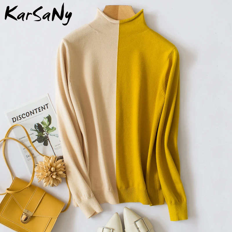 

KarSaNy New Autumn Winter Half Turtleneck Sweater Pullover Women Warm Jumper Ladies Patchwork Cashmere Sweater Women Winter Top