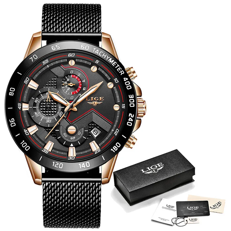 LIGE новые деловые мужские часы лучший бренд класса люкс из нержавеющей стали водонепроницаемый спортивный хронограф кварцевые часы мужские - Цвет: Rose gold black