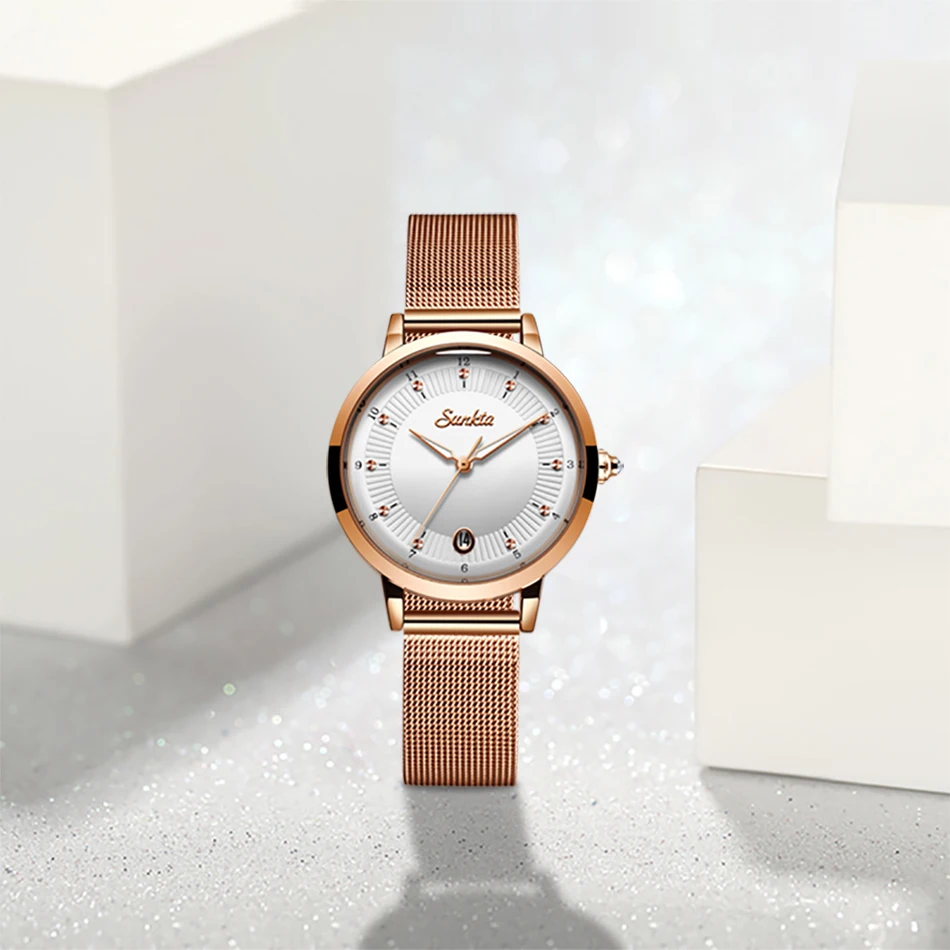 Sunkta Womens Watches Top Brand luxury Analog Quartz Watch Women Mesh Stainless Steel Date Clock Fashion Ultra-thin Dial+Box