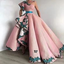 

One Shoulder Muslim Evening Dresses Applique Asymmetry robe de soiree Islamic Dubai Kaftan Saudi Arabic Evening Gown Prom Dress