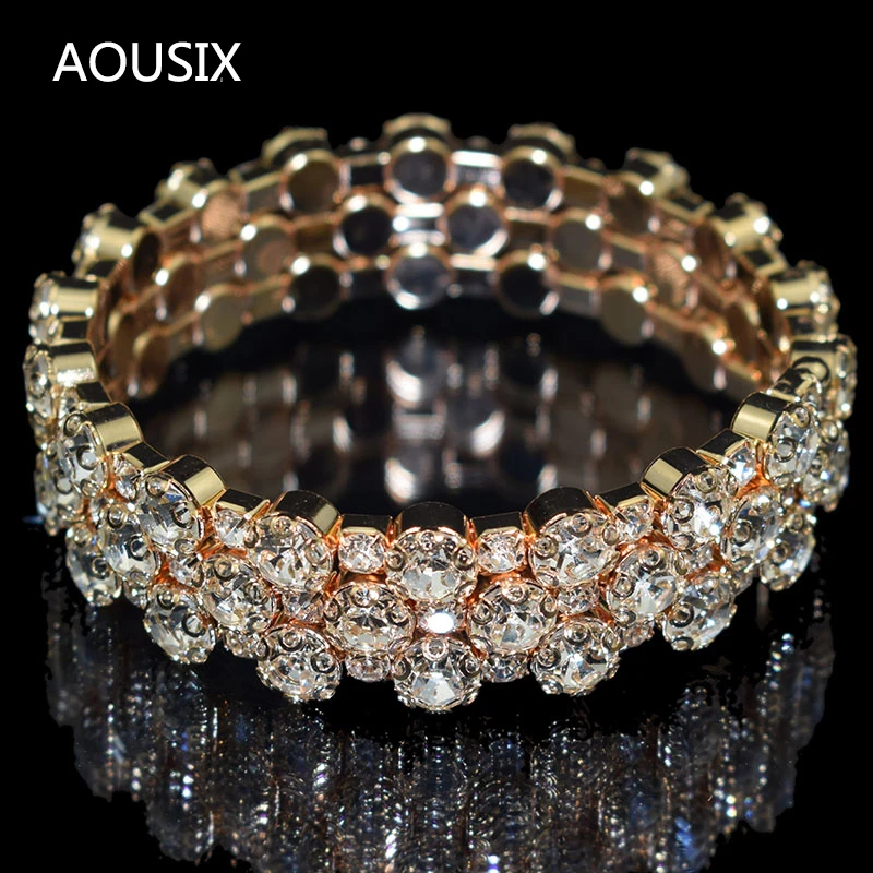 Fashion 3/6 rows Crystal Gold Silver Plated Bracelets & Bangles for Women Rhinestone Stretching Bangle Upper Arm Bracelet jewelr 3