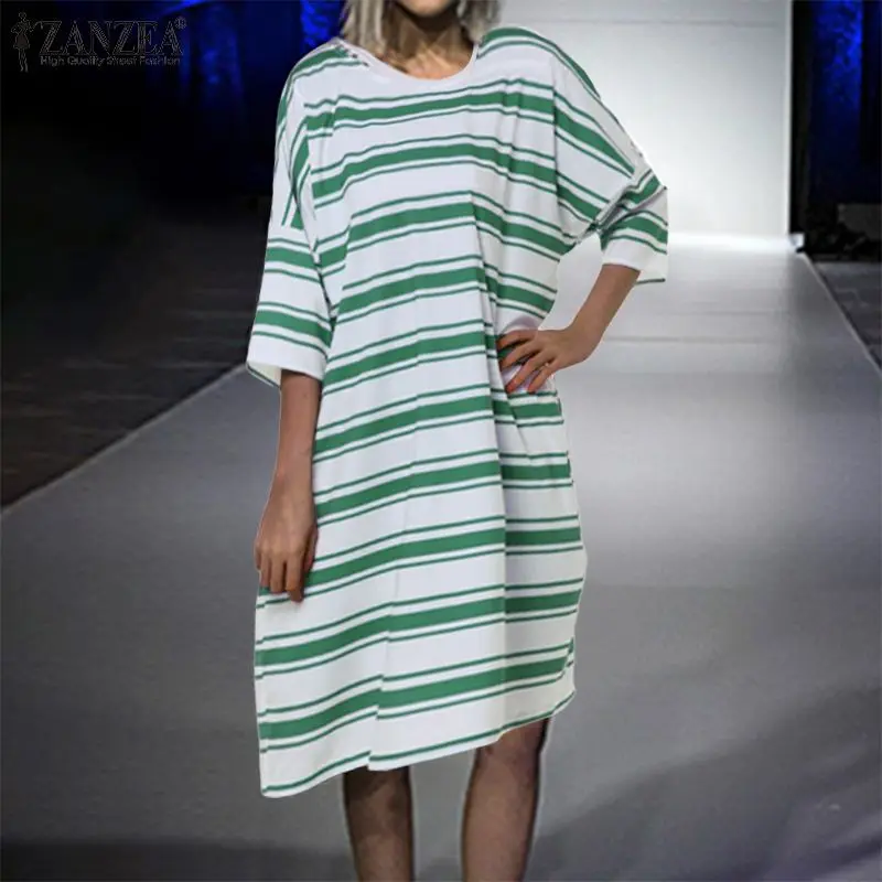 ZANZEA плюс размер осеннее летнее платье женское Vestidos повседневное свободное Полосатое платье с коротким рукавом и круглым вырезом винтажное мини платье Femme