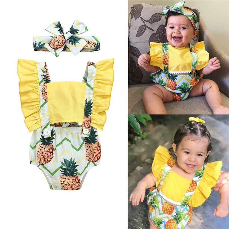 2020 Newborn Baby Girls Clothes pineapple print backless Ruffle square