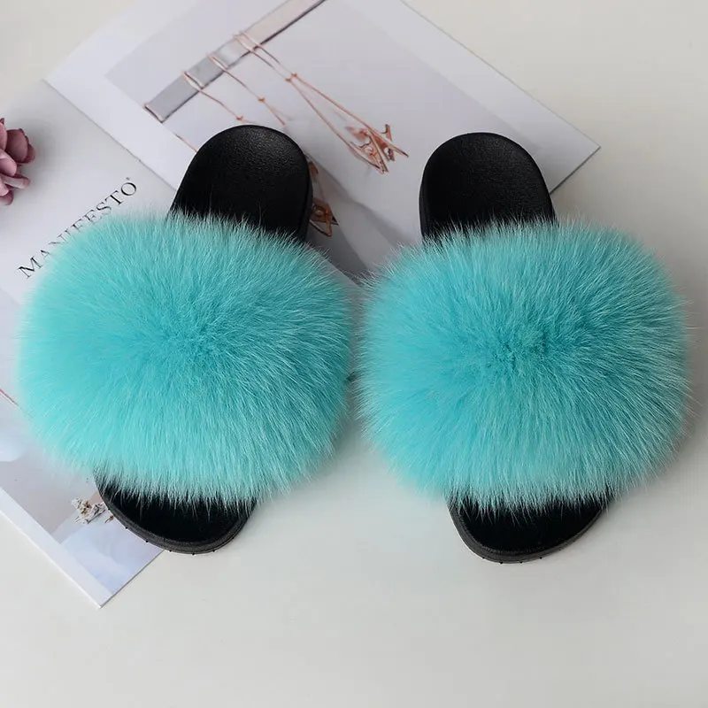 Lake blue Лидер продаж; женские меховые тапочки; Шлепанцы из натурального Лисьего меха; Пушистый мех; женские домашние тапочки; милый пушистый плюш - Цвет: Lake blue