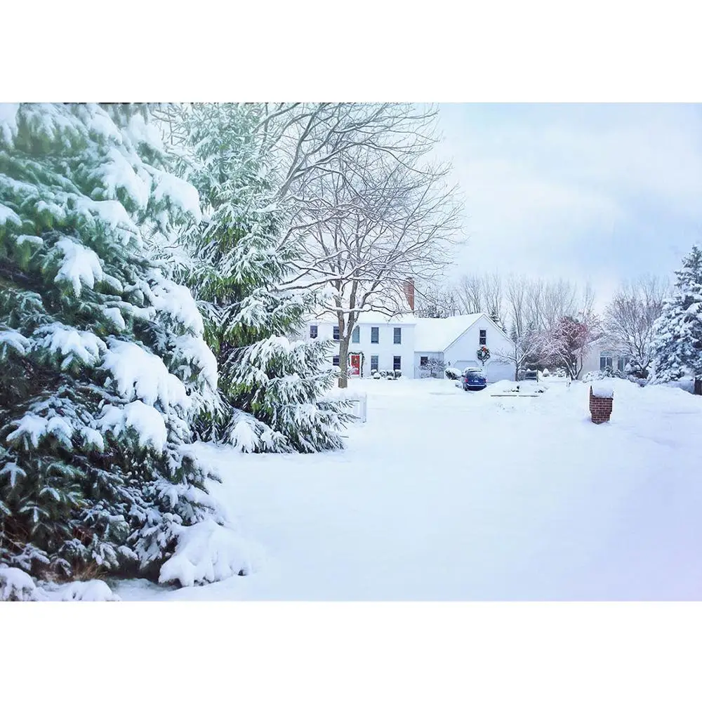 

Фон для фотосъемки детей с изображением снежных сосен и деревьев на Рождество