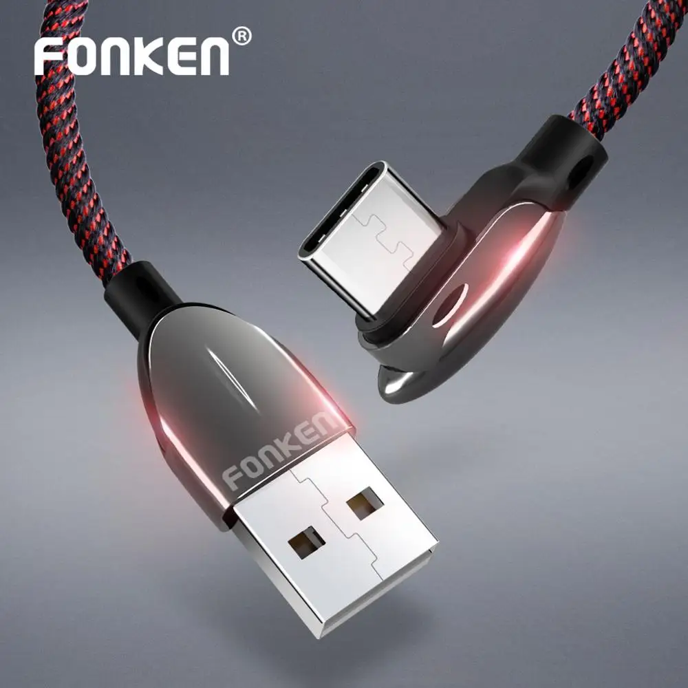 FONKEN 90 градусов usb type C быстрый заряд кабеля 3A type-C изгиб шнура круглый металлический корпус USB C провода данные андроида кабели мобильного телефона