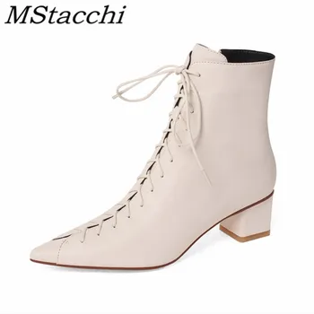 

Mstacchi Cross-tied Pointed Solid Color Women Ankle Boots For Woman 2020 Square Heel Concise Fashion Ladies Shoes Bottes Femme