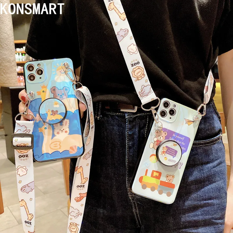 

KONSMART For iPhone 11 Pro Max Case Cartoon Cute Bear Phone Case For iPhone X XR XSMax 7P 8 6s Silicone Soft Cover With Strap