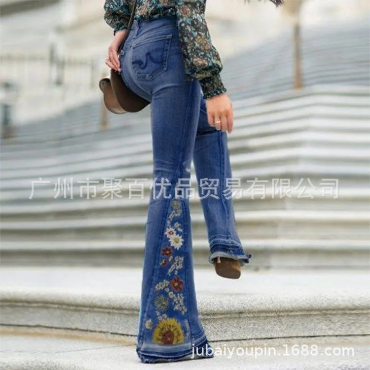 Женские джинсы с вышивкой в европейском и американском стиле брюки широкими
