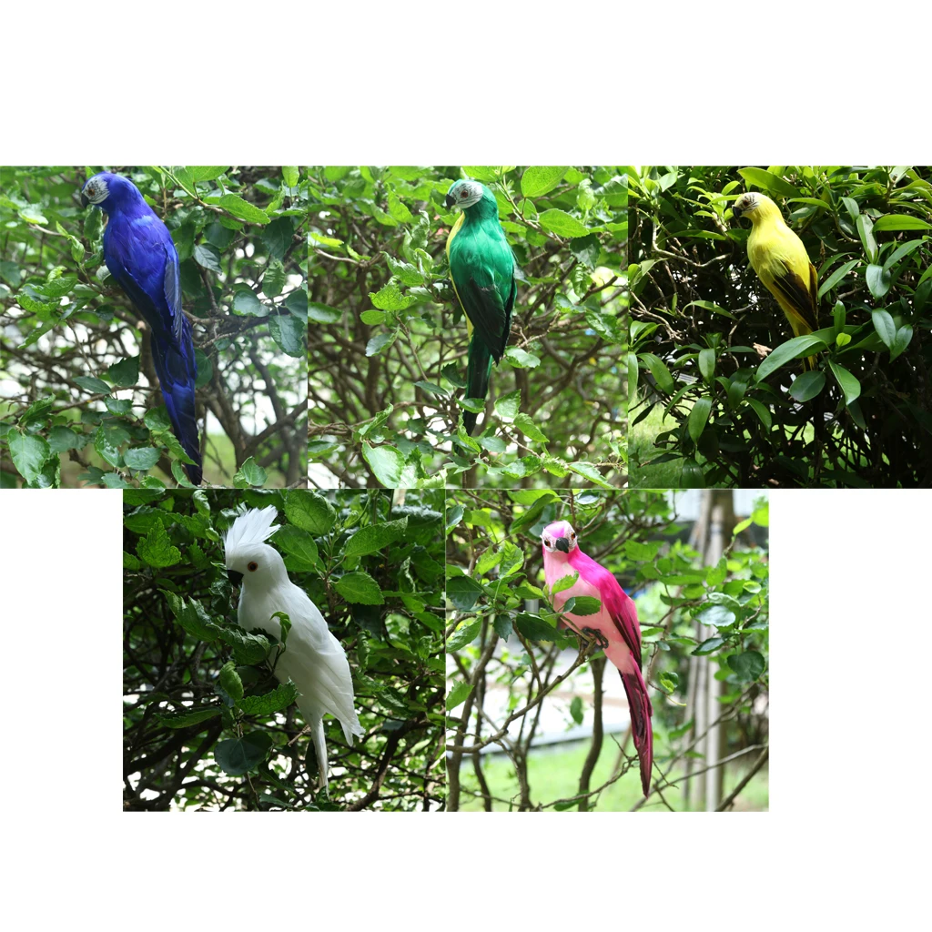 Set of 5 Realistic Macaw Parrot Lifelike Bird Ornament Artificial Feathered Animal Model Statues DIY Lawn Sculpture