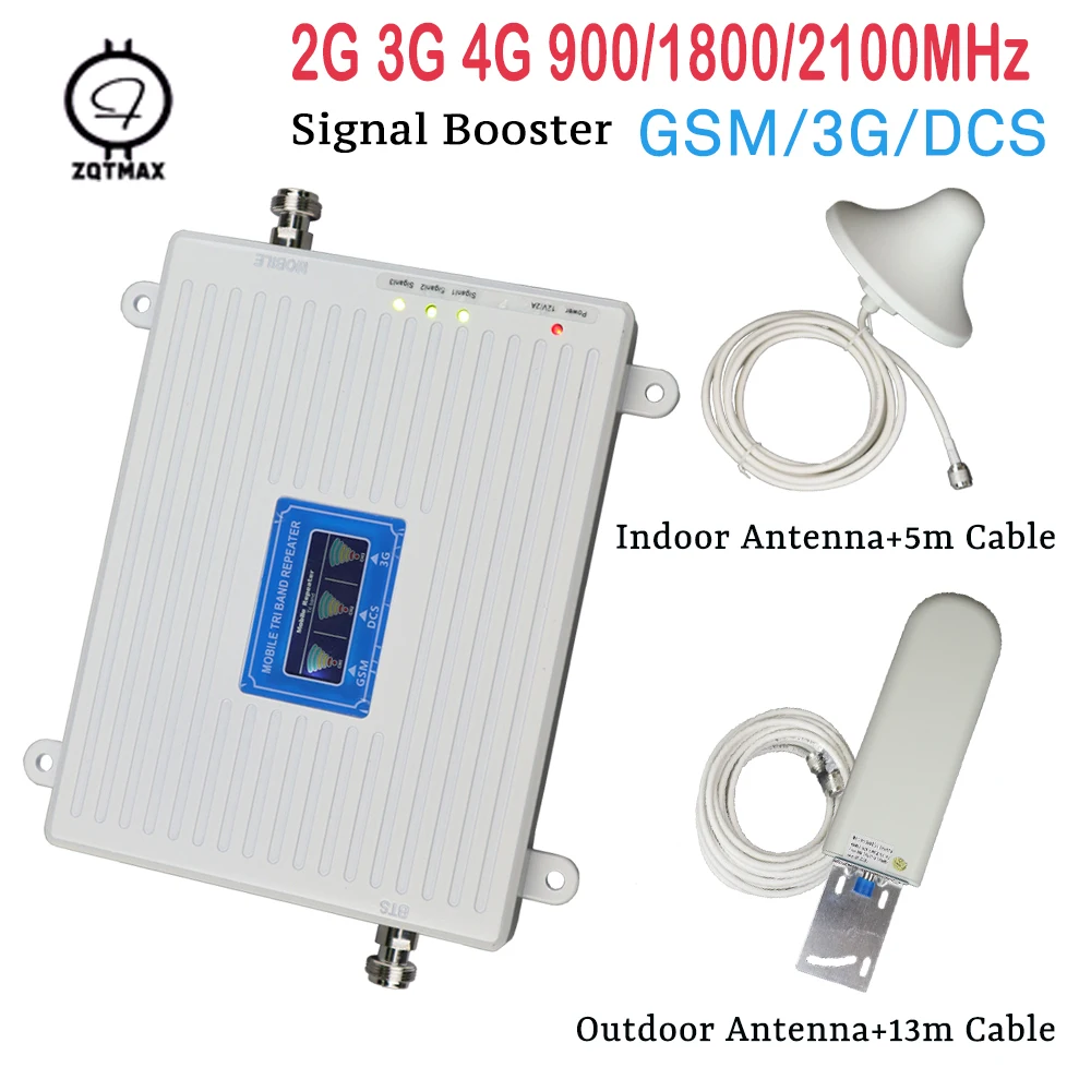 Трехдиапазонный усилитель мобильного сигнала ZQTMAX 2G 3G 4G ретранслятор 900 1800 2100 МГц