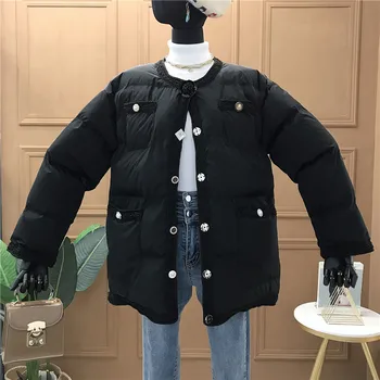 

Medium-long Female Bread Jackets New Autumn Winter O Neck Single-breasted Long Sleeve Students Cotton Wadded Jacket Coat