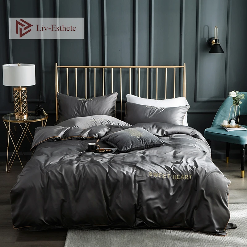 

Liv-Esthete Luxury 100% Silk Sweet Heart Gray Bedding Set Healthy Hair Duvet Cover Set Bed Set Soft Flat Sheet Free Shipping