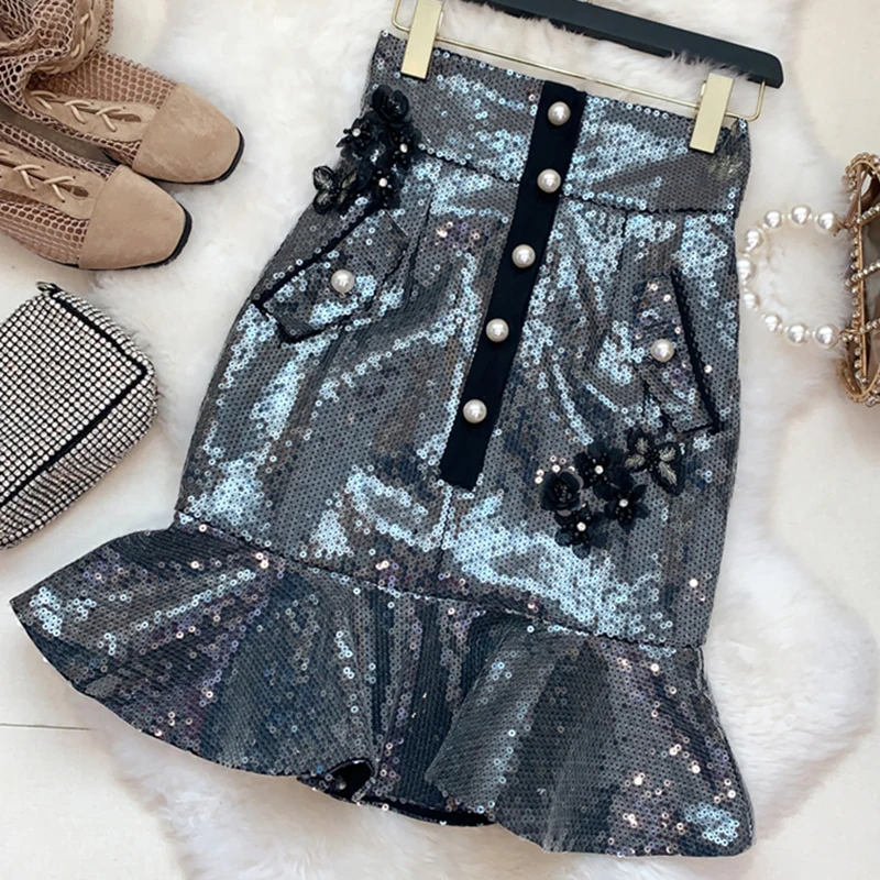 

HIGH STREET New Fashion 2020 Runway Designer Skirt Women's Glitter Sequined Mermaid Skirt
