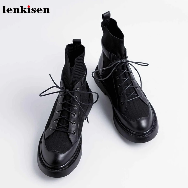 Вязаные ботинки Lenkisen из коровьей кожи на среднем каблуке с круглым носком модные