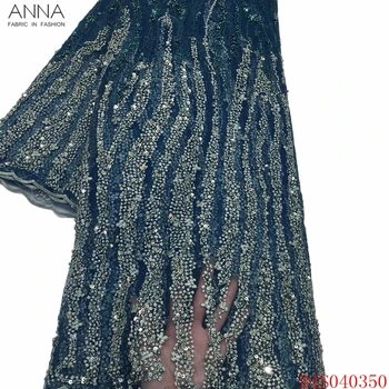 

Anna african heavy beaded lace fabric wedding nigerian embroidered with beads 5 yards/piece french net laces fabrics for sewing