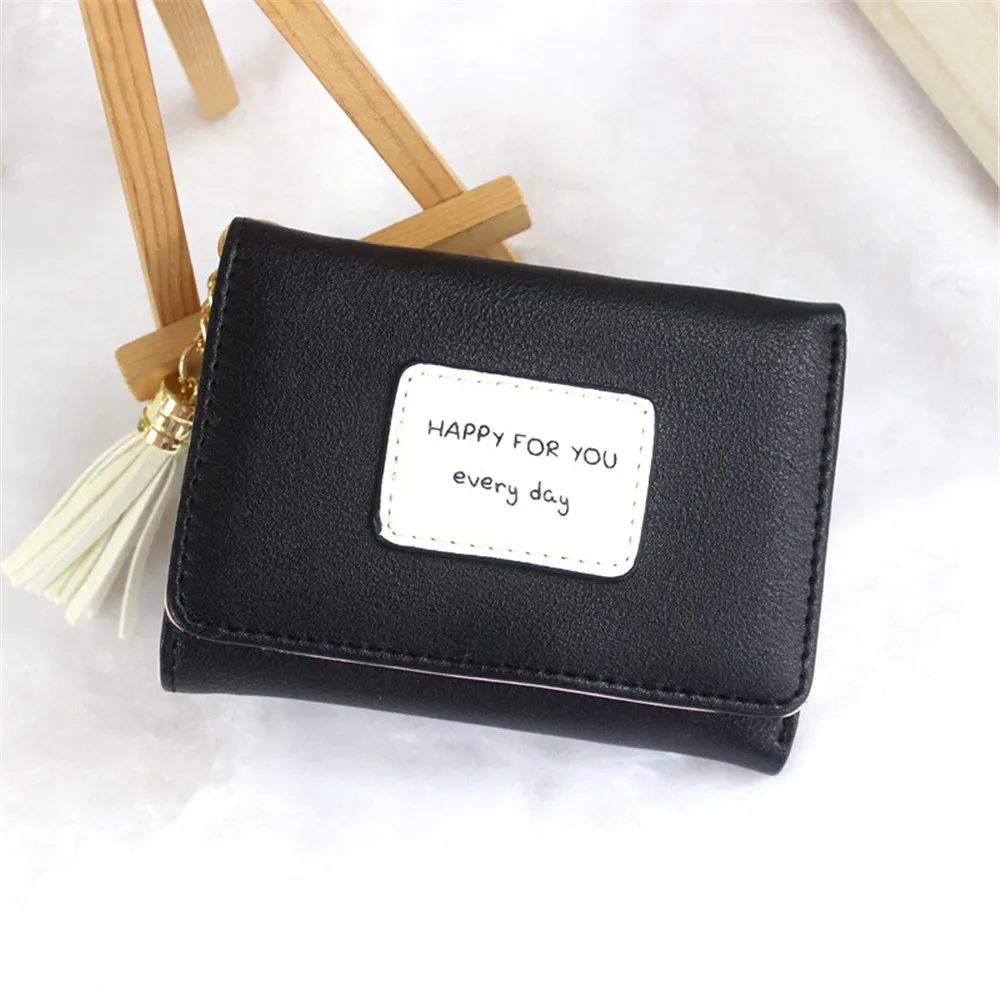 Черный Womens Short Card Holder ID Card Case Wallet Purse Tassel Three Fold Cute Student Wallet Small Fresh for Female Girls - Цвет: Черный