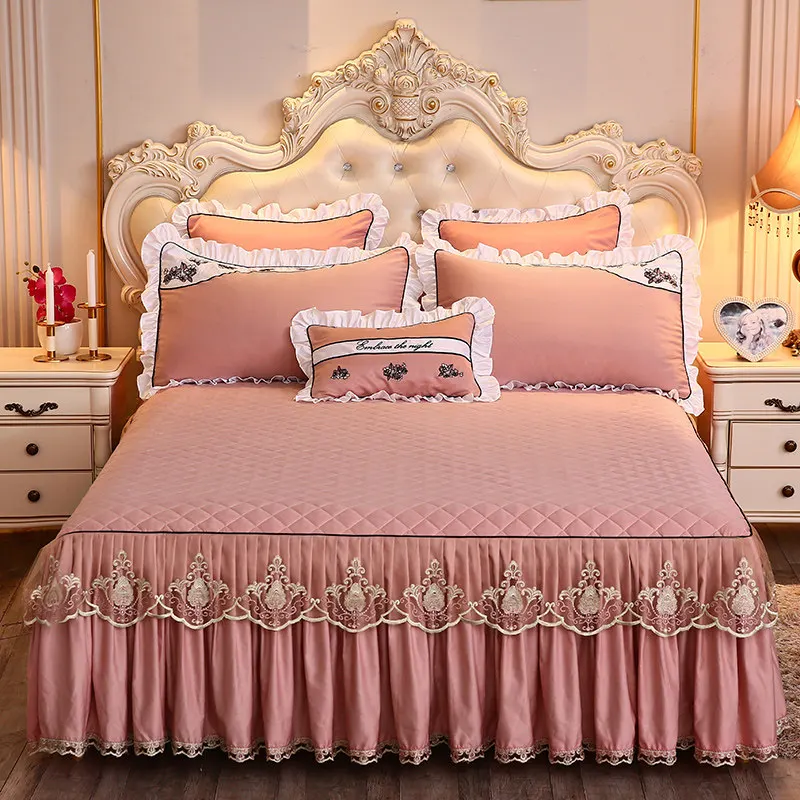 Теплый из плотной ткани с кружевным кроватный подзор наволочками, Комплект постельного белья для очень больших и 1/3 шт. розовое платье кроя принцесса, постельные принадлежности простыней матраса покрывало для девочек King queen
