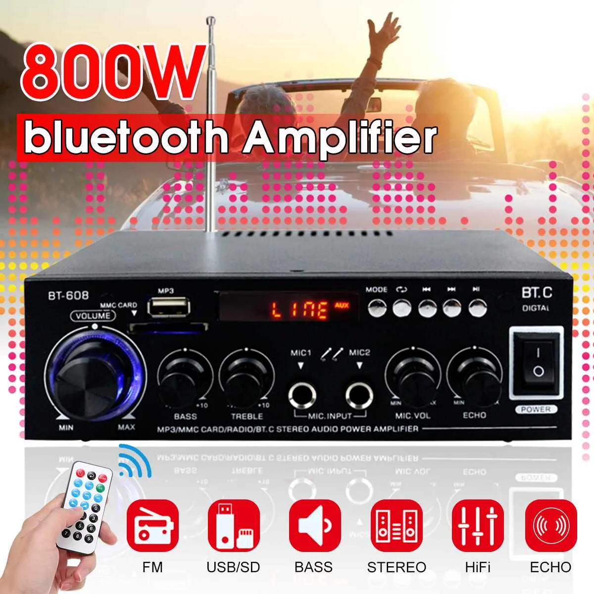 

800W HIFI 2CH Car Audio Power Amplifier Home Theater Surround Sound System Mini Digital Sound Amplifier LED FM USB Bluetooth