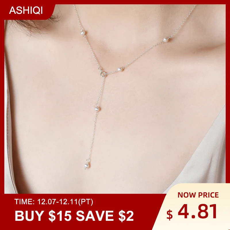 

ASHIQI Real 925 Sterling Silver Chain On The Necklace for Women Mini Natural Freshwater Pearls Jewelry Gifts for The New Year