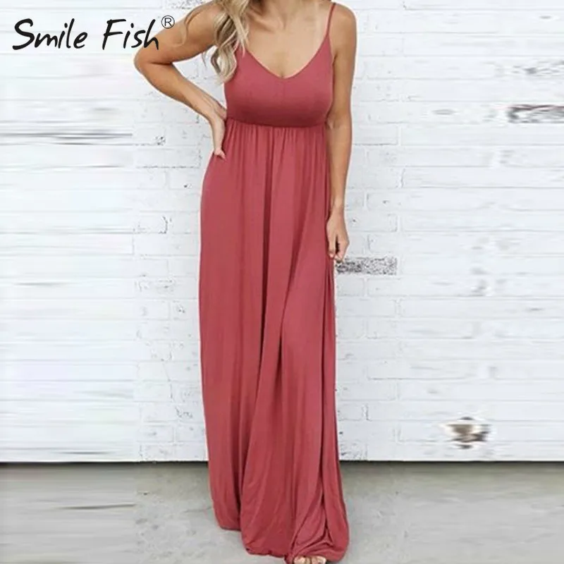 Женское пляжное платье на бретелях спагетти свободное однотонное Макси без