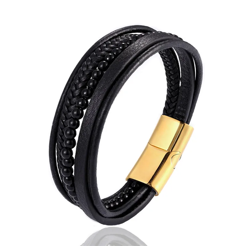 MKENDN Fashion Male Jewelry Braided Leather Bracelet Red Tiger Eye Beads Bracelet Black Stainless Steel Magnetic Clasps Men Wris - Окраска металла: Gold Agate