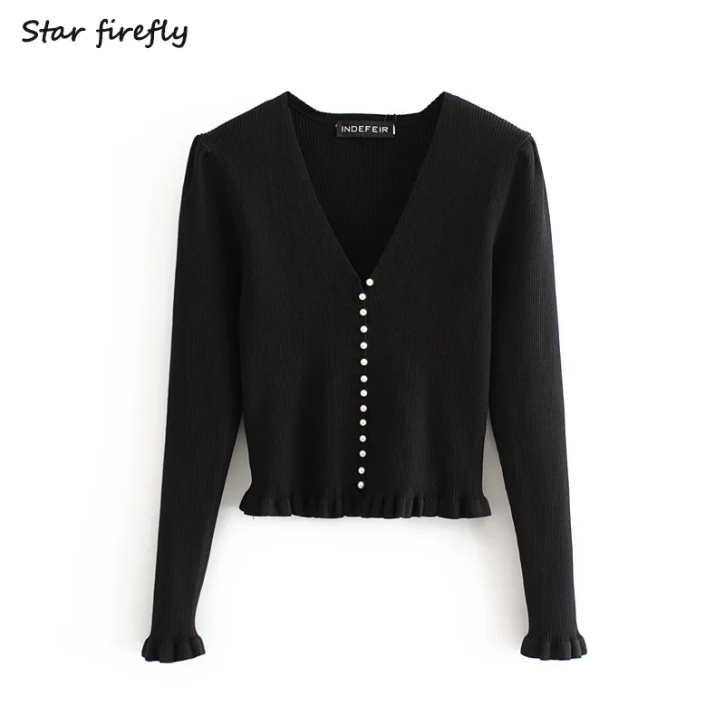 

Star firefly fashion Za knitwear female 2020 spring new casual slim button V-neck solid color knitted sweater women