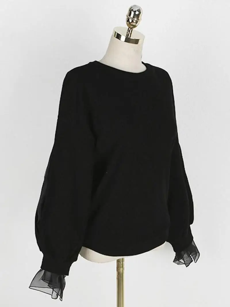 Повседневный сетчатый лоскутный пуловер с длинным рукавом, женские толстовки в Корейском стиле, черные топы, свободная толстовка