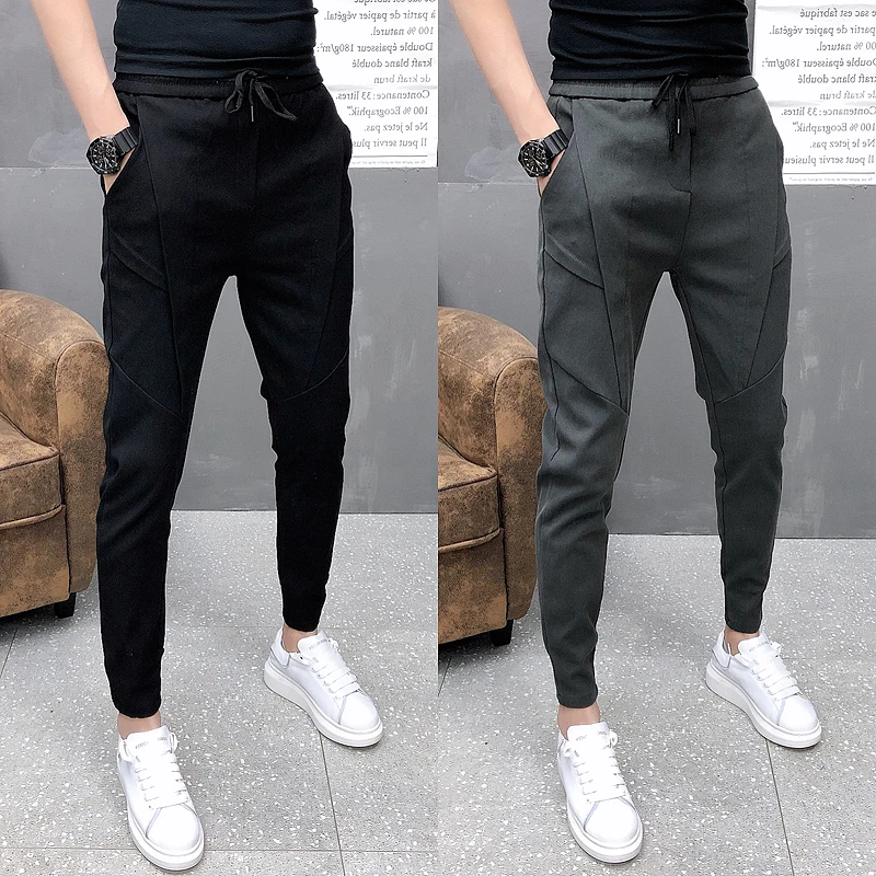 Promotion Fashion Korean Solid Joggers Men High Quality Autumn Winter Thick Pants Men Slim Fit Drawstring Mens Casual Pants Black/Gray 36