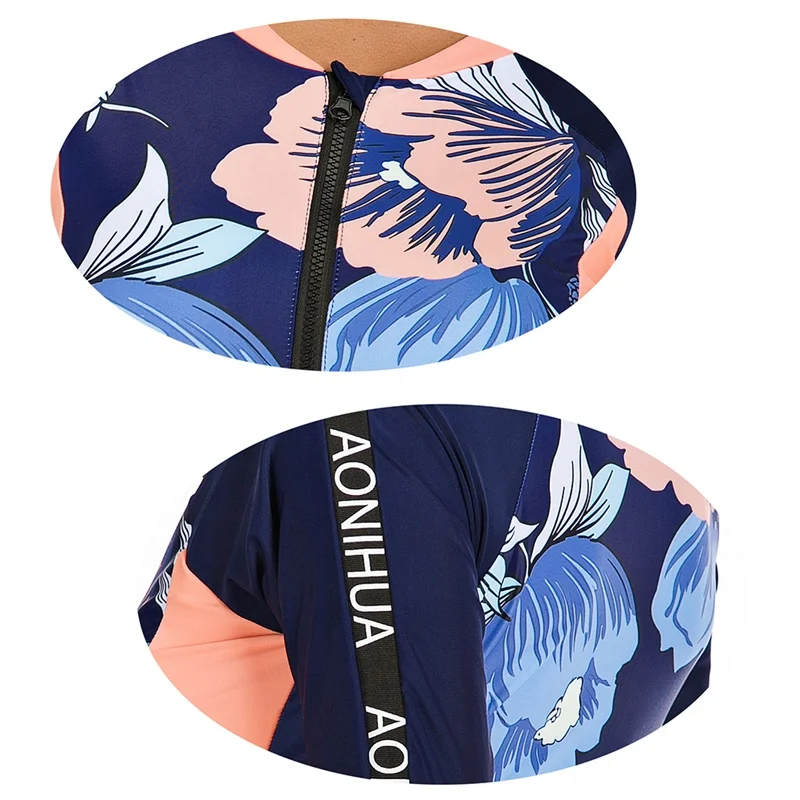 Flower Printed One Piece Swimwear Front Zipper Long Sleeves Push Up Conservative Women Bikinis Sexy Suit Swimsuit