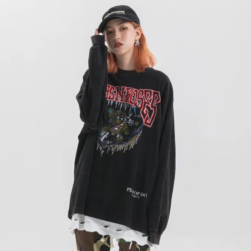 

Hi Street Tide Brand Devil Printed T Shirt Men Punk Rock Long Sleeve T Shirt Retro Casual Cotton Top Tees Male R2060