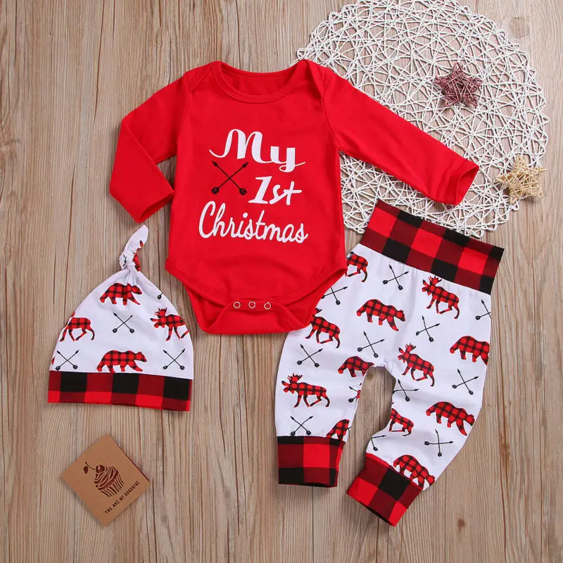 Милый детский Ромпер брюки с надписью «My First Christmas» для маленьких мальчиков и девочек шляпа Рождественский комплект осенняя одежда