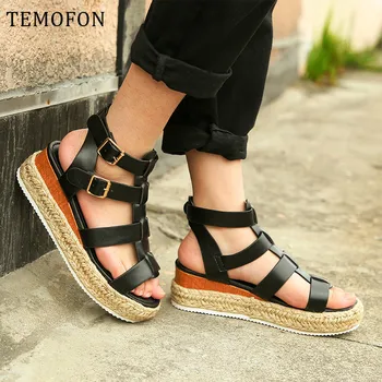 

TEMOFON 2020 fashion platform sandals for women peep toe summer gladiator sandals women black wedge shoes big size shoes HVT1163
