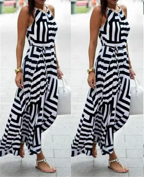

Summer Dress Women Sexy Boho Striped Sleeveless Maxi Long Beach Style Strap Sundress Vestidos For Female