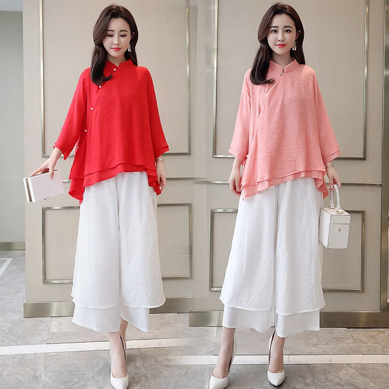 

New Style Chinese-style Improved Cheongsam Style Cardigan Tops + Cotton Linen Loose Pants Set Two-Piece Women's