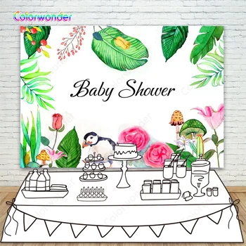 

Green Tropical Leaves Backdrop For Photography Oil Painting Flowers Mushroom Cactus Penguin Background For Baby Shower Photocal