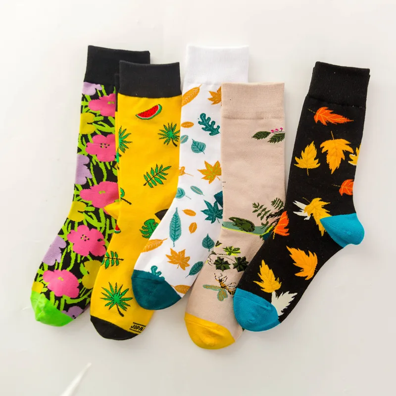 Funny Novelty Women's Socks Colorful Leaves Plants Pattern Happy Socks