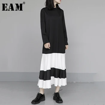 

[EAM] Women Black Contrast Color Split Midi Dress New Round Neck Long Sleeve Loose Fit Fashion Tide Spring Autumn 2020 1S418