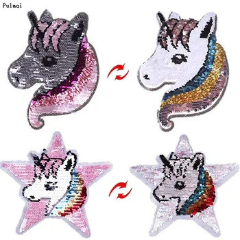 

DIY Cartoon Big Sequin Stickers Unicorn Patch Reversible Cheap Embroidered Patches Stripes For Clothes Sew On Patch Accessories