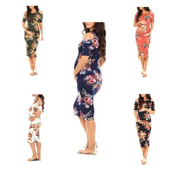 

Digital Print Round Neck Off Shoulder Slim Mid Length Maternity Dress Printed Casual Pregnant Women's Dresses