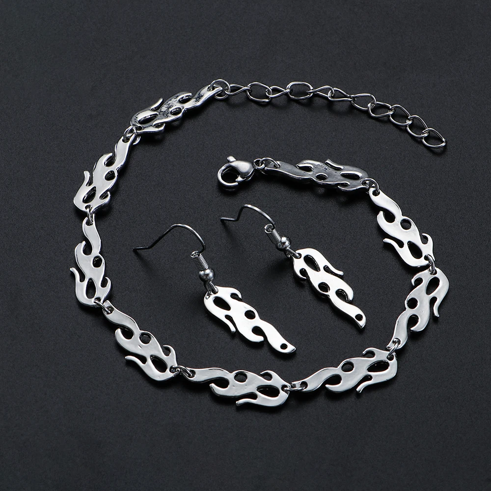 

2019 Punk Style Fashion Fire Flame Necklace Wave Sun Drop Stud Hip Hop Flame Hook Earrings Bracelet Trending Streetwear Jewelry