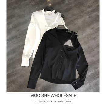 

Mooishe Spring Women Satin Shirts Off Shoulder Lace Diamond Strapless Cotton Woman Shirts
